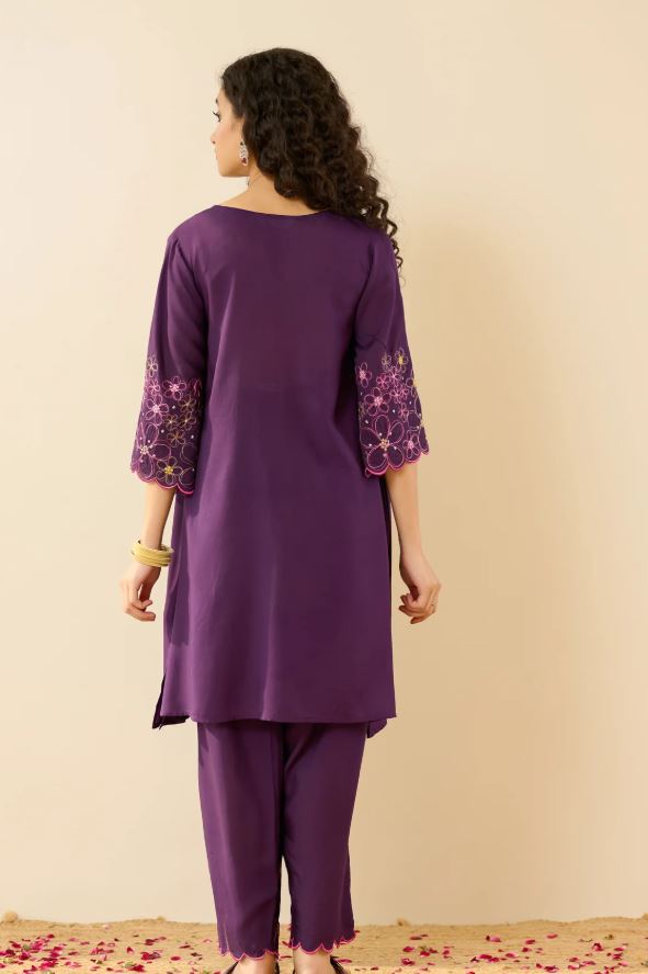 Vibrant Purple Multi-Color Floral Embroidered Cotton Co-Ord Set for Women | Handcrafted Bell Sleeve Kurta & Pants | Breathable Indian Ethnic We