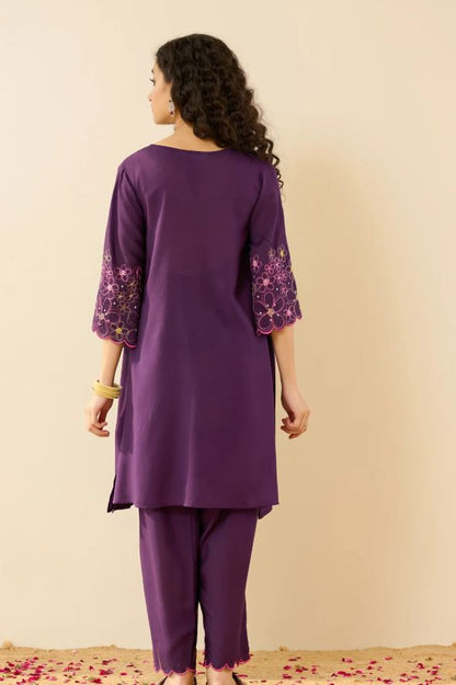 Vibrant Purple Multi-Color Floral Embroidered Cotton Co-Ord Set for Women | Handcrafted Bell Sleeve Kurta & Pants | Breathable Indian Ethnic We