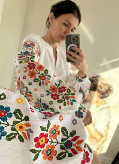 Hand-Embroidered Floral Cotton Blouse – Multi-Color Puff Sleeve Boho Top