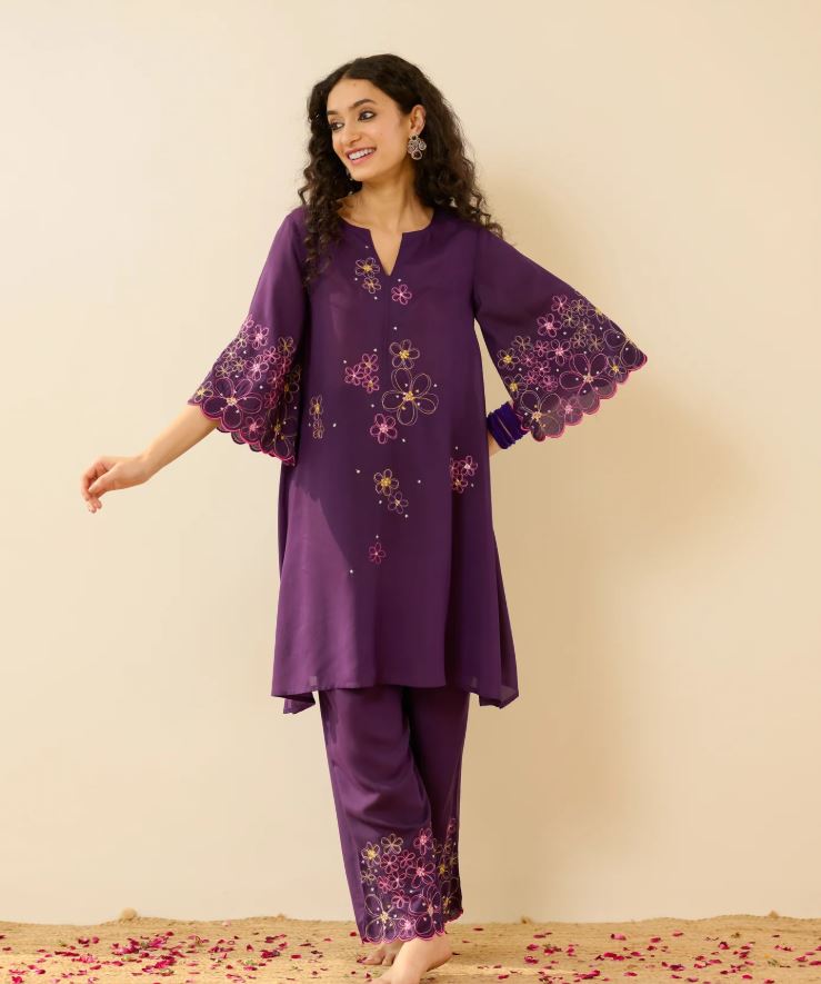 Vibrant Purple Multi-Color Floral Embroidered Cotton Co-Ord Set for Women | Handcrafted Bell Sleeve Kurta & Pants | Breathable Indian Ethnic We