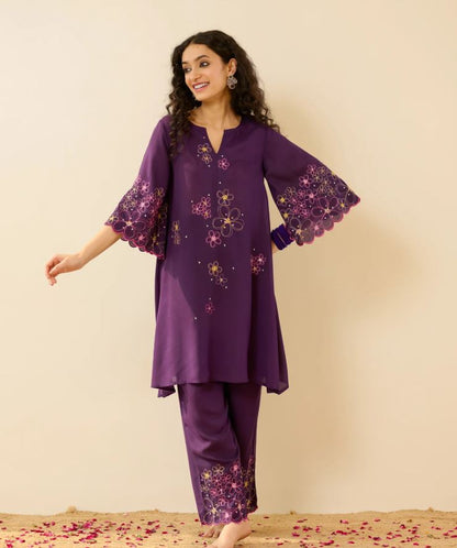 Vibrant Purple Multi-Color Floral Embroidered Cotton Co-Ord Set for Women | Handcrafted Bell Sleeve Kurta & Pants | Breathable Indian Ethnic We