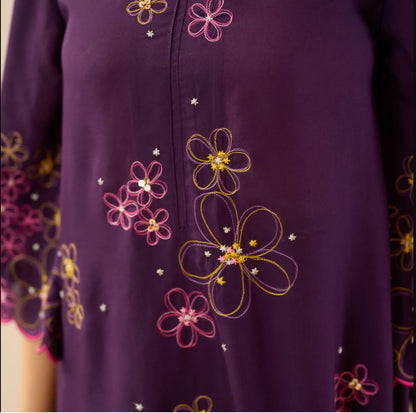Vibrant Purple Multi-Color Floral Embroidered Cotton Co-Ord Set for Women | Handcrafted Bell Sleeve Kurta & Pants | Breathable Indian Ethnic We