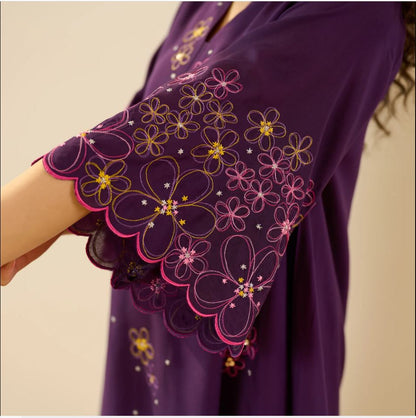 Vibrant Purple Multi-Color Floral Embroidered Cotton Co-Ord Set for Women | Handcrafted Bell Sleeve Kurta & Pants | Breathable Indian Ethnic We