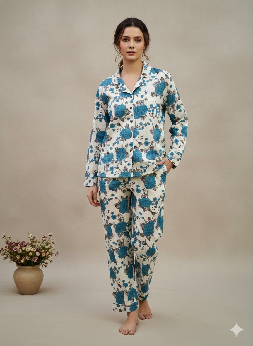 Luxury Indigo Floral Hand-Block Print Pajama Set | 100% Organic Cotton Sleepwear | Women's Artisan Loungewear with Matching Pouch