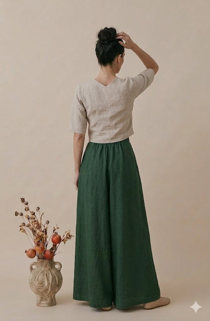 Natural Linen Crop Top & Emerald Wide-Leg Palazzo Pants Co-ord Set