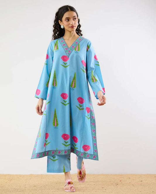 Sky Blue Floral Printed Cotton Kurta Palazzo Set | Embroidered V-Neck Co-ord Set for Women – Breathable Summer Ethnic Wear