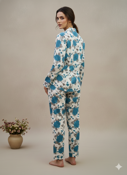 Luxury Indigo Floral Hand-Block Print Pajama Set | 100% Organic Cotton Sleepwear | Women's Artisan Loungewear with Matching Pouch