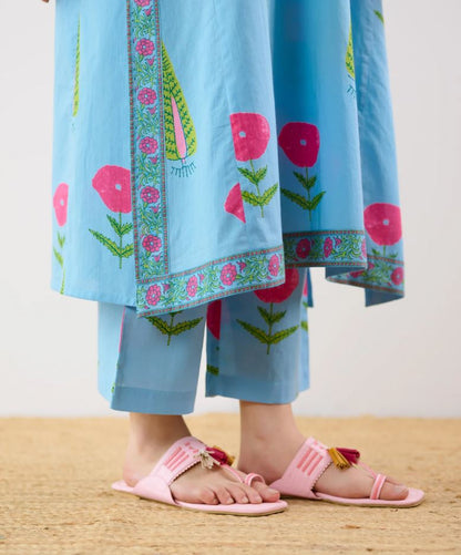 Sky Blue Floral Printed Cotton Kurta Palazzo Set | Embroidered V-Neck Co-ord Set for Women – Breathable Summer Ethnic Wear