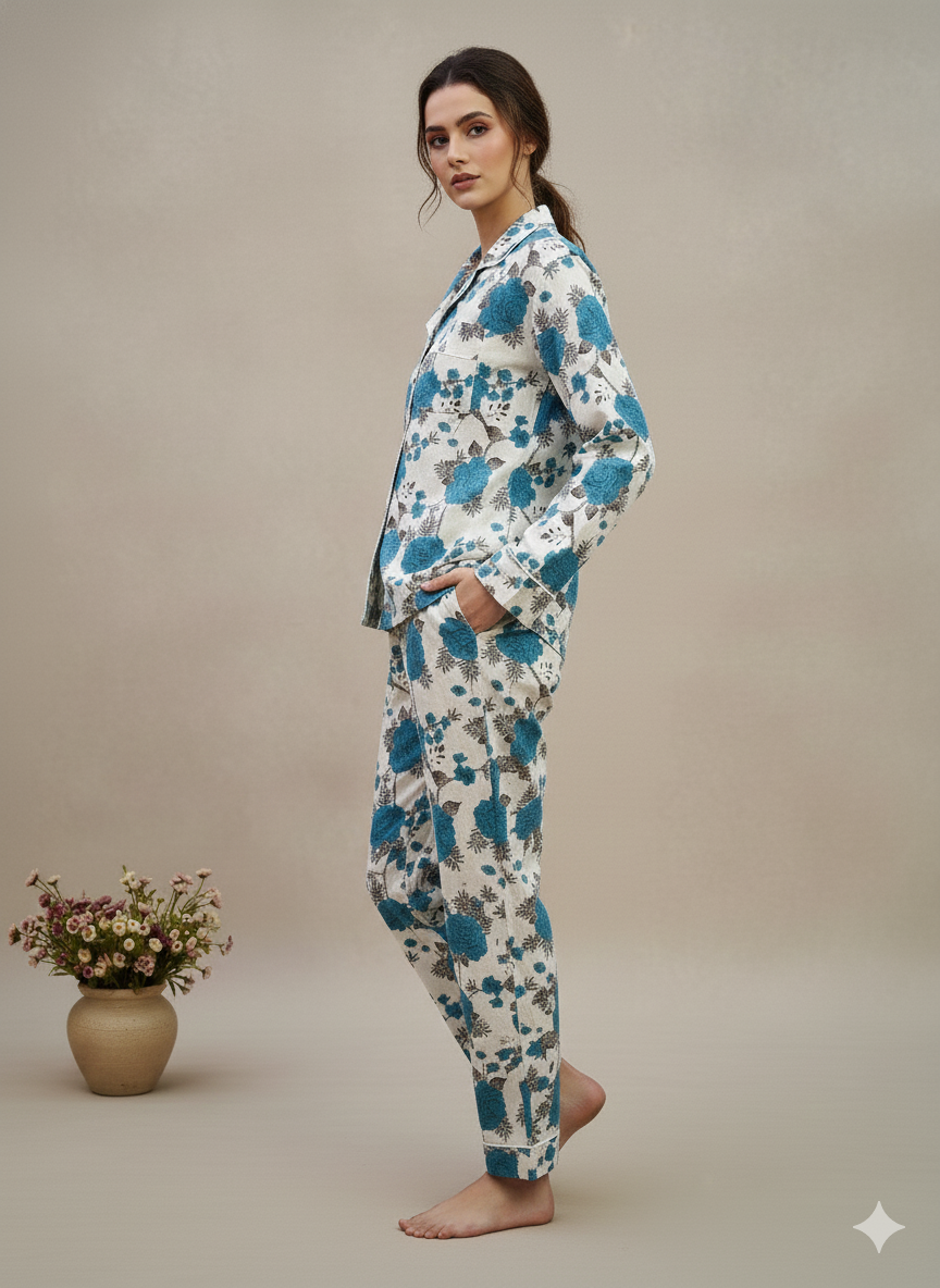 Luxury Indigo Floral Hand-Block Print Pajama Set | 100% Organic Cotton Sleepwear | Women's Artisan Loungewear with Matching Pouch