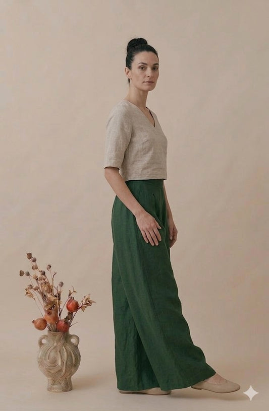 Natural Linen Crop Top & Emerald Wide-Leg Palazzo Pants Co-ord Set