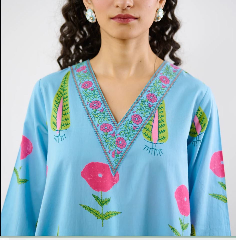 Sky Blue Floral Printed Cotton Kurta Palazzo Set | Embroidered V-Neck Co-ord Set for Women – Breathable Summer Ethnic Wear