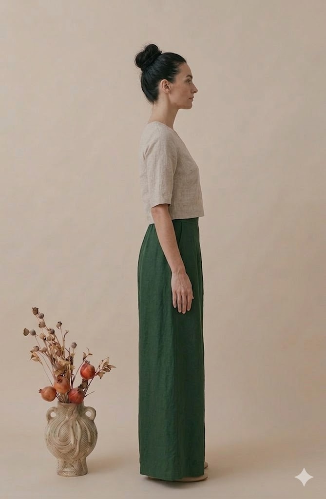 Natural Linen Crop Top & Emerald Wide-Leg Palazzo Pants Co-ord Set