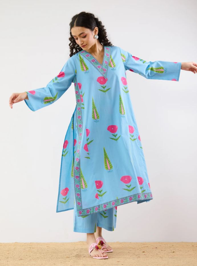 Sky Blue Floral Printed Cotton Kurta Palazzo Set | Embroidered V-Neck Co-ord Set for Women – Breathable Summer Ethnic Wear