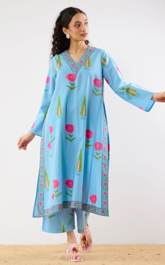 Sky Blue Floral Printed Cotton Kurta Palazzo Set | Embroidered V-Neck Co-ord Set for Women – Breathable Summer Ethnic Wear