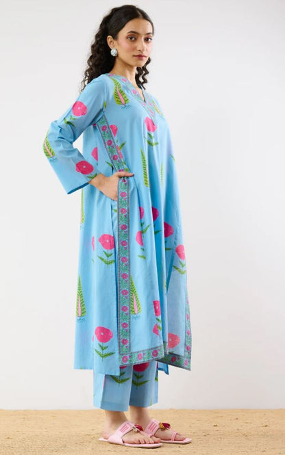Sky Blue Floral Printed Cotton Kurta Palazzo Set | Embroidered V-Neck Co-ord Set for Women – Breathable Summer Ethnic Wear
