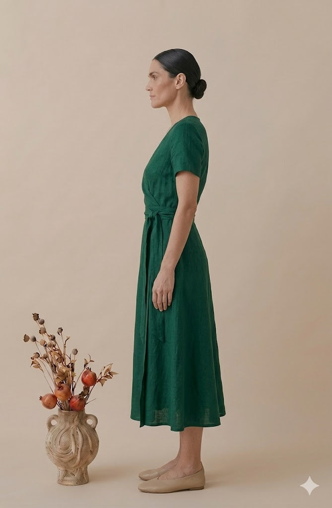Emerald Green Linen Wrap Midi Dress