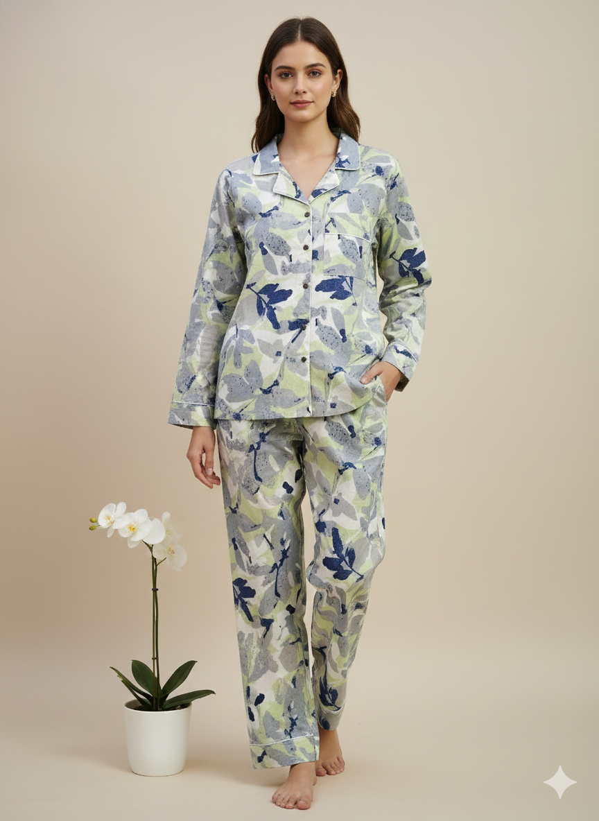 Luxury Teal Floral Hand-Block Print Pajama Set | 100% Organic Cotton Sleepwear | Women's Unique Artisan Loungewear with Travel Pouch