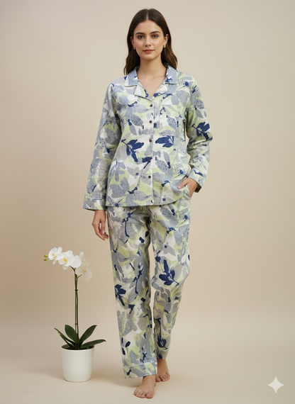 Luxury Teal Floral Hand-Block Print Pajama Set | 100% Organic Cotton Sleepwear | Women's Unique Artisan Loungewear with Travel Pouch