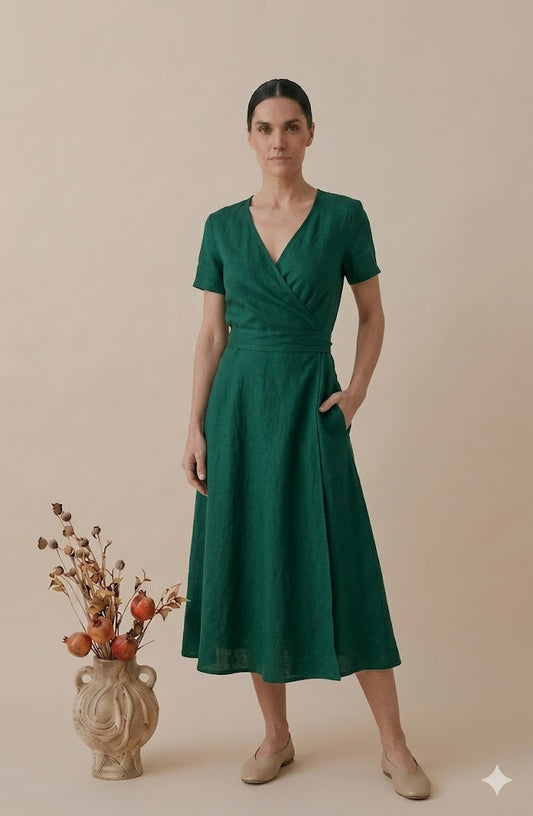 Emerald Green Linen Wrap Midi Dress