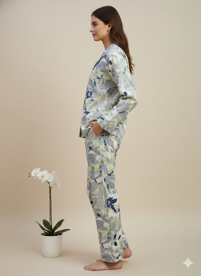 Luxury Teal Floral Hand-Block Print Pajama Set | 100% Organic Cotton Sleepwear | Women's Unique Artisan Loungewear with Travel Pouch