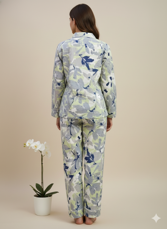 Luxury Teal Floral Hand-Block Print Pajama Set | 100% Organic Cotton Sleepwear | Women's Unique Artisan Loungewear with Travel Pouch