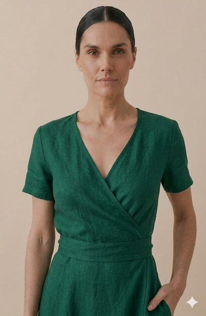 Emerald Green Linen Wrap Midi Dress