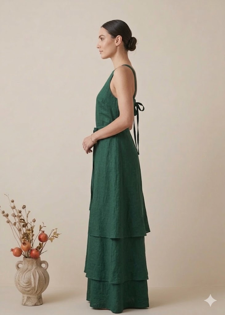 Forest Green Linen Tiered Maxi Dress