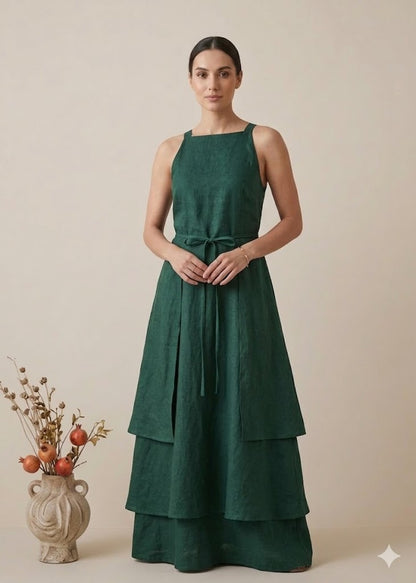 Forest Green Linen Tiered Maxi Dress