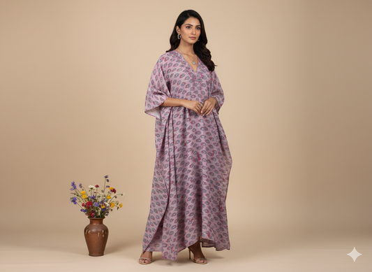 Pikaru Fashion Women's Purple Cotton Tiger Print Kaftan - Striped Bohemian Beachwear - Luxury Resort Loungewear Collection