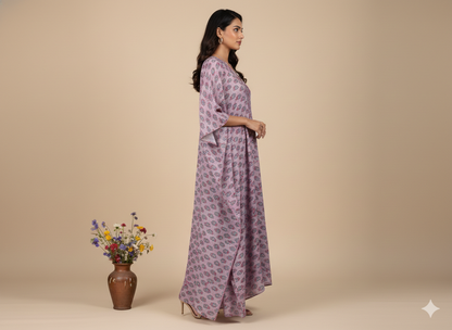 Pikaru Fashion Women's Purple Cotton Tiger Print Kaftan - Striped Bohemian Beachwear - Luxury Resort Loungewear Collection