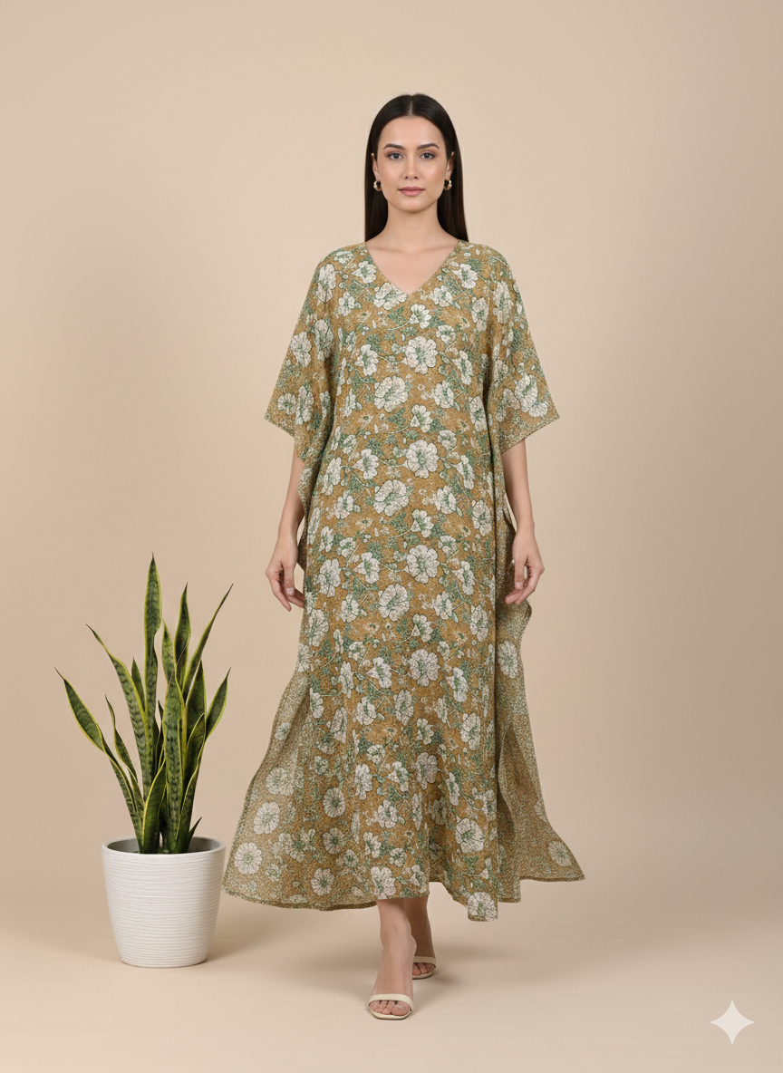 Pikaru Fashion Women's Cotton Tiger Print Kaftan - Striped Boho Beachwear Maxi Dress - Luxury Resort Wear & Summer Cover-Up