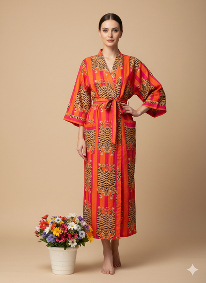 Pikaru Fashion Women's Cotton Tiger Print Kaftan - Midnight Blue Striped Beachwear - Luxury Resort Maxi Dress & Summer Loungewear