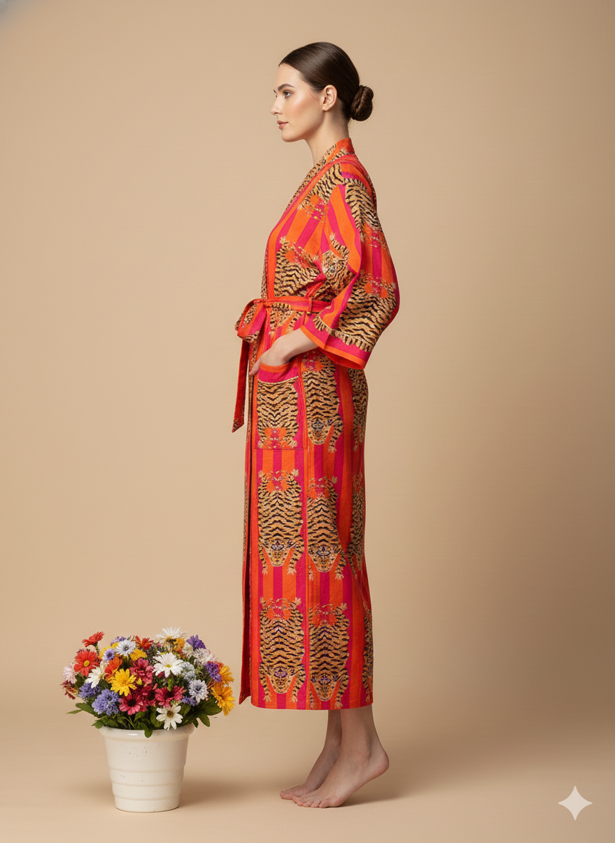 Pikaru Fashion Women's Cotton Tiger Print Kaftan - Midnight Blue Striped Beachwear - Luxury Resort Maxi Dress & Summer Loungewear