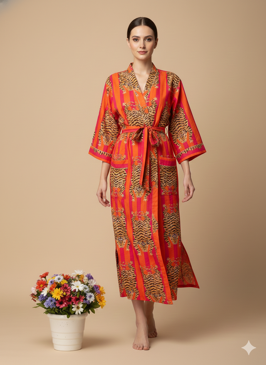 Pikaru Fashion Women's Cotton Tiger Print Kaftan - Midnight Blue Striped Beachwear - Luxury Resort Maxi Dress & Summer Loungewear