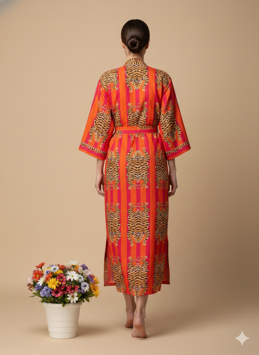 Pikaru Fashion Women's Cotton Tiger Print Kaftan - Midnight Blue Striped Beachwear - Luxury Resort Maxi Dress & Summer Loungewear