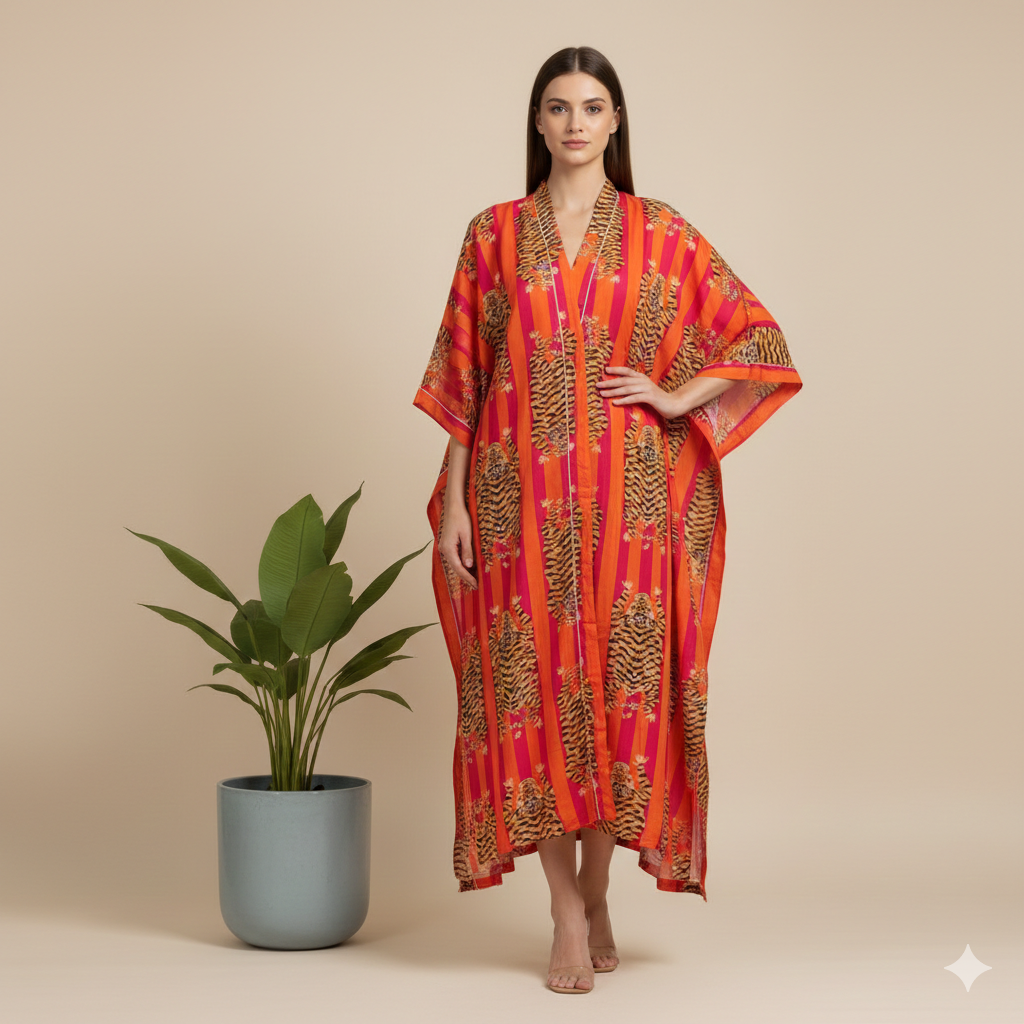 Pikaru Fashion Women's Cotton Tiger Print Kaftan - Midnight Blue Striped Beachwear - Luxury Resort Maxi Dress & Summer Loungewear