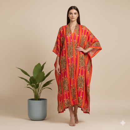 Pikaru Fashion Women's Cotton Tiger Print Kaftan - Midnight Blue Striped Beachwear - Luxury Resort Maxi Dress & Summer Loungewear