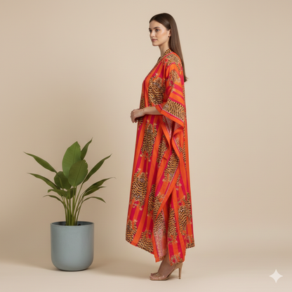 Pikaru Fashion Women's Cotton Tiger Print Kaftan - Midnight Blue Striped Beachwear - Luxury Resort Maxi Dress & Summer Loungewear