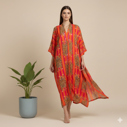 Pikaru Fashion Women's Cotton Tiger Print Kaftan - Midnight Blue Striped Beachwear - Luxury Resort Maxi Dress & Summer Loungewear