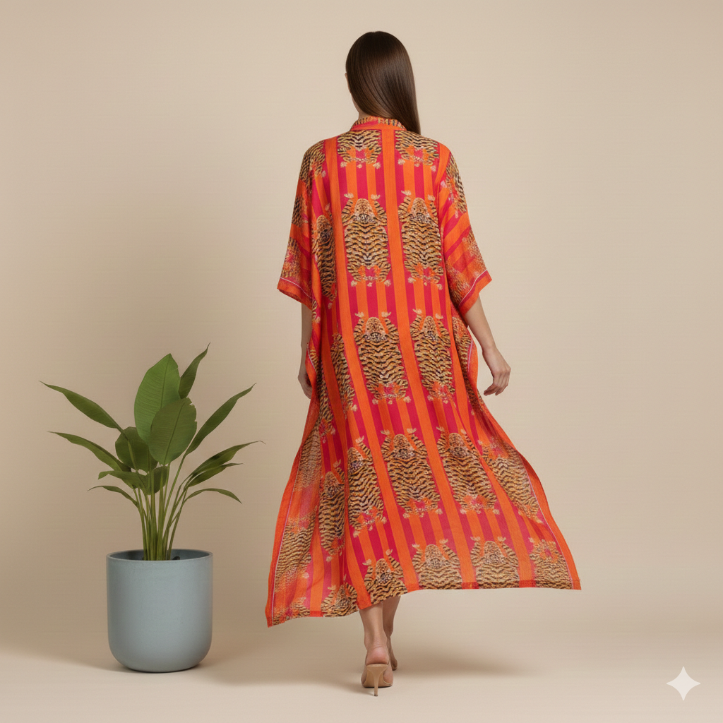 Pikaru Fashion Women's Cotton Tiger Print Kaftan - Midnight Blue Striped Beachwear - Luxury Resort Maxi Dress & Summer Loungewear