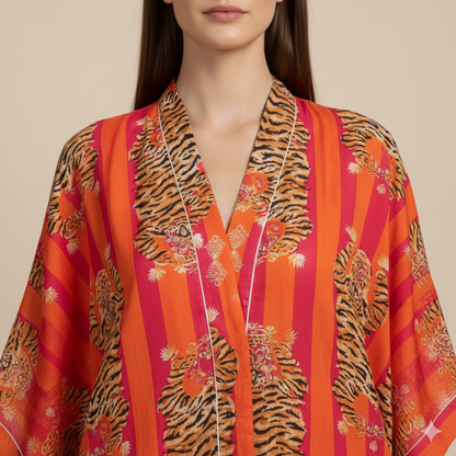 Pikaru Fashion Women's Cotton Tiger Print Kaftan - Midnight Blue Striped Beachwear - Luxury Resort Maxi Dress & Summer Loungewear