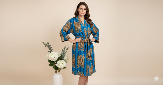 Pikaru Fashion Women's Cotton Kimono Robe & Maxi Kaftan - Hand-Printed Tiger & Stripe Collection - Luxury Loungewear & Resort Wear