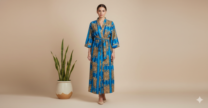 Pikaru Fashion Women's Cotton Kimono Robe & Maxi Kaftan - Hand-Printed Tiger & Stripe Collection - Luxury Loungewear & Resort Wear