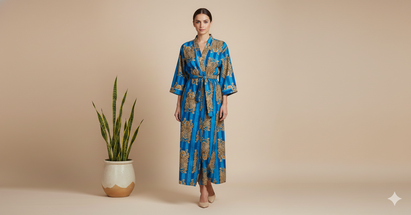 Pikaru Fashion Women's Cotton Kimono Robe & Maxi Kaftan - Hand-Printed Tiger & Stripe Collection - Luxury Loungewear & Resort Wear
