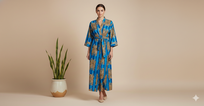 Pikaru Fashion Women's Cotton Kimono Robe & Maxi Kaftan - Hand-Printed Tiger & Stripe Collection - Luxury Loungewear & Resort Wear