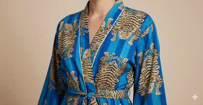 Pikaru Fashion Women's Cotton Kimono Robe & Maxi Kaftan - Hand-Printed Tiger & Stripe Collection - Luxury Loungewear & Resort Wear