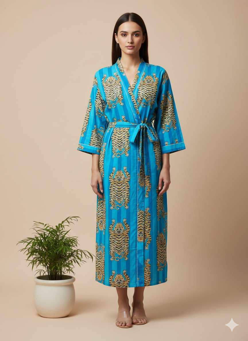 Cotton Tiger Print Kimono Robe - Long Handblock Style Dressing Gown for Women - Unisex Summer Loungewear & Beach Cover-up