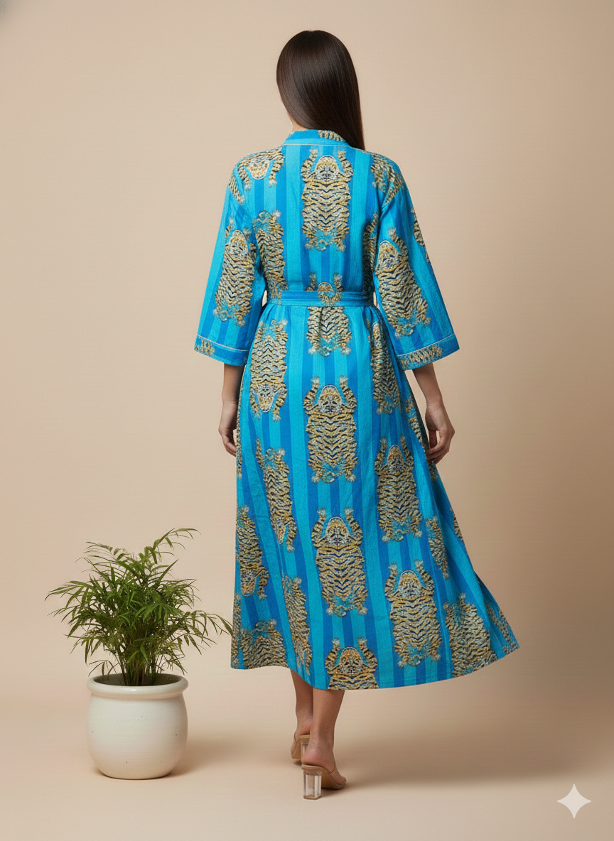 Cotton Tiger Print Kimono Robe - Long Handblock Style Dressing Gown for Women - Unisex Summer Loungewear & Beach Cover-up