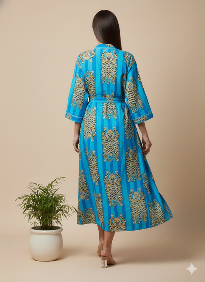 Cotton Tiger Print Kimono Robe - Long Handblock Style Dressing Gown for Women - Unisex Summer Loungewear & Beach Cover-up