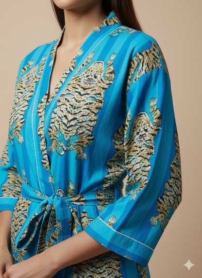 Cotton Tiger Print Kimono Robe - Long Handblock Style Dressing Gown for Women - Unisex Summer Loungewear & Beach Cover-up